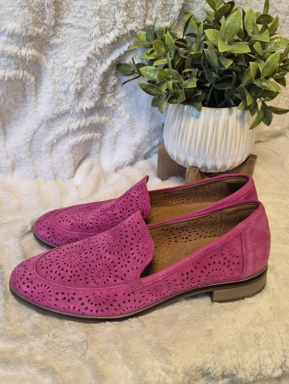 Clarks Magenta Suede Laser-Cut Loafers